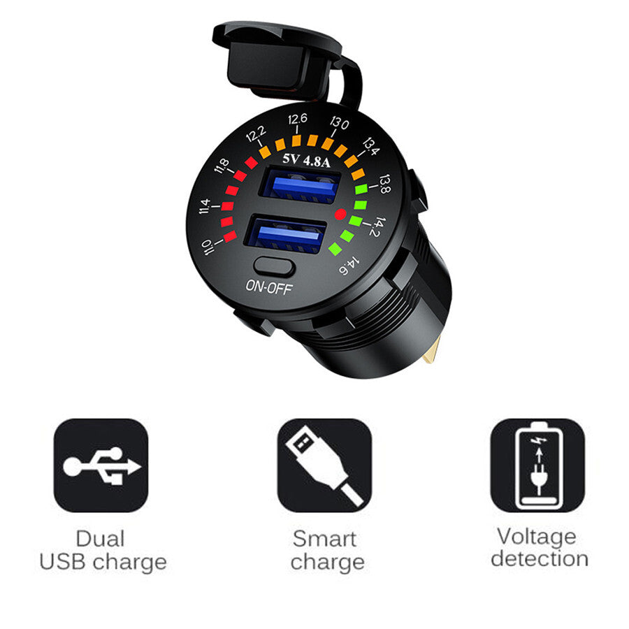 Dual USB Car Fast Charger Socket Power Outlet With LED Voltmeter Waterproof
