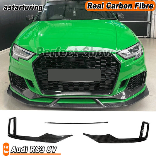 3PCS REAL Carbon Front Fog Air Vent Fins Cover Trim for Audi RS3 Sedan 8V 17-21