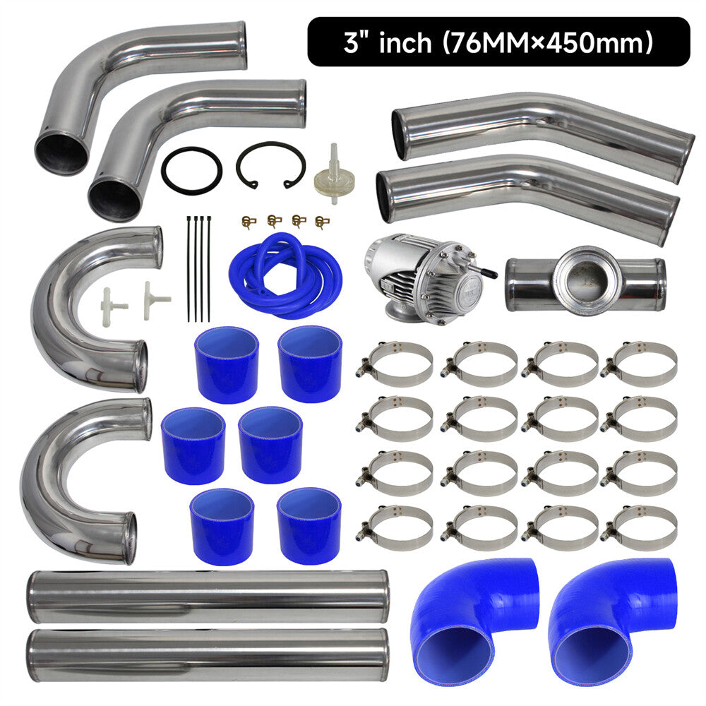 3 76mm Universal Intercooler Piping Kit + BOV Turbo Blow Off Valve Kit Blue
