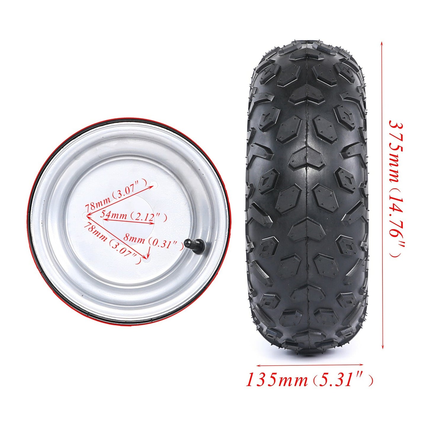 A pair of 145/70-6 tires, rims, and axle hubs suitable for 70, 90, and 110cc Taodao four-wheel all-terrain go-karts.