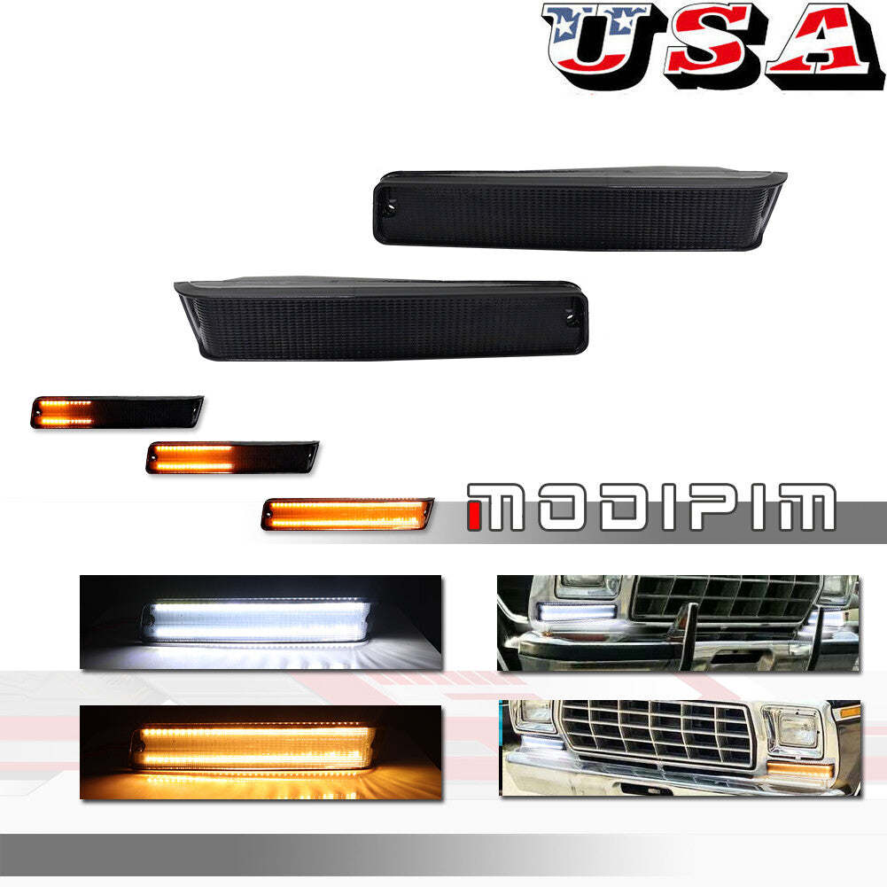 Smoked white amber LED DRL turn signals suitable for 73-79 for Ford F-150 trucks, Mustangs.