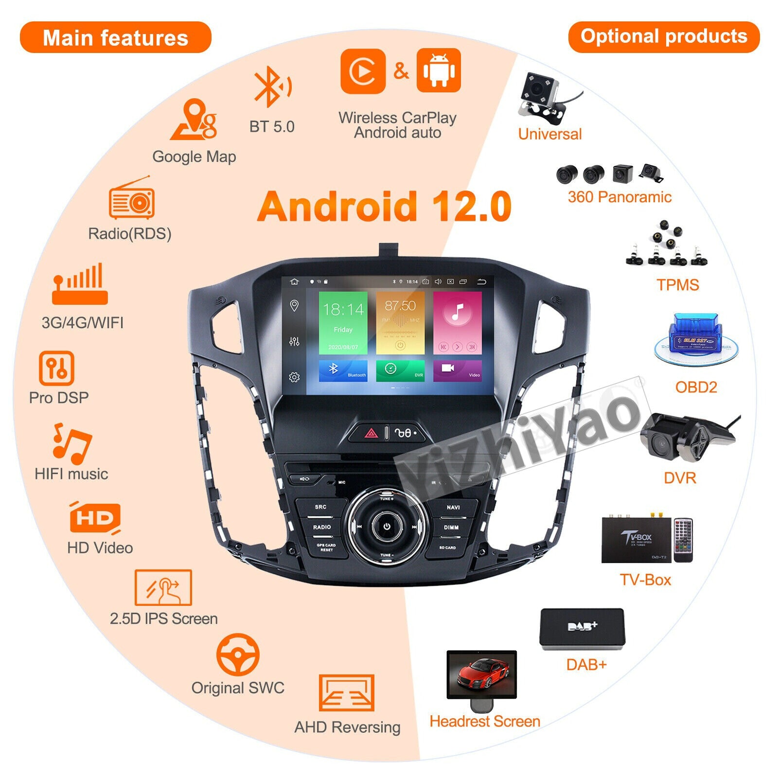 Android Auto CarPlay for Ford Focus 2012-2018 Car Stereo Radio GPS Player Screen