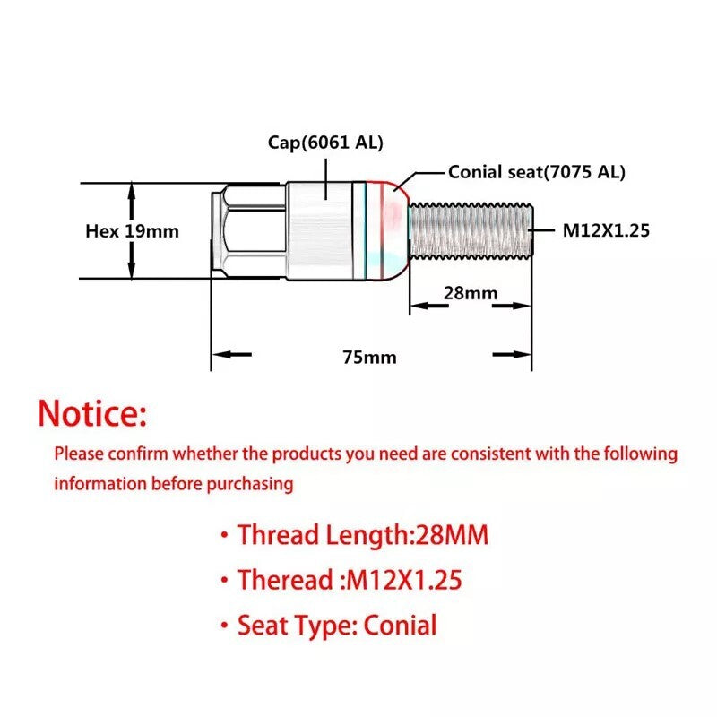 20PC 28mm M12x1.25 Wheel Lug Bolt Cone for Seat Studs for Jeep for Chrysler for Dodge Silver