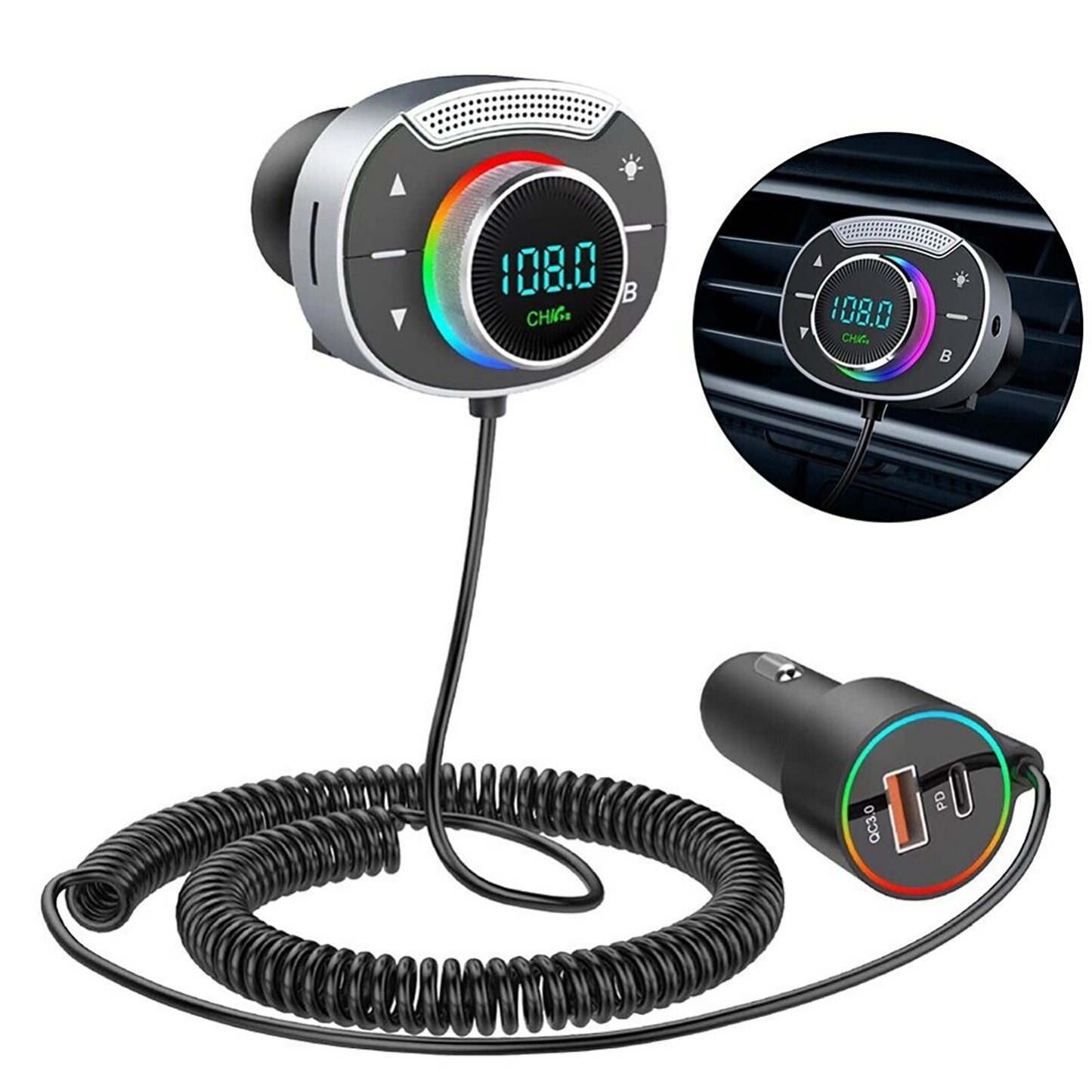 Car Charger Adapter PD QC3.0 FM Transmitter MP3 Player Wireless AUX Fast Charge