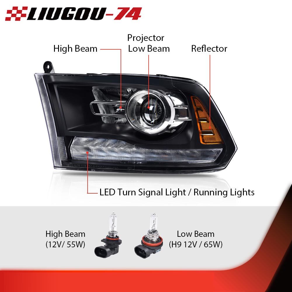 Suitable for 2013-18 for Dodge for Ram 1500 2500 3500 headlights with black projector and LED DRL.