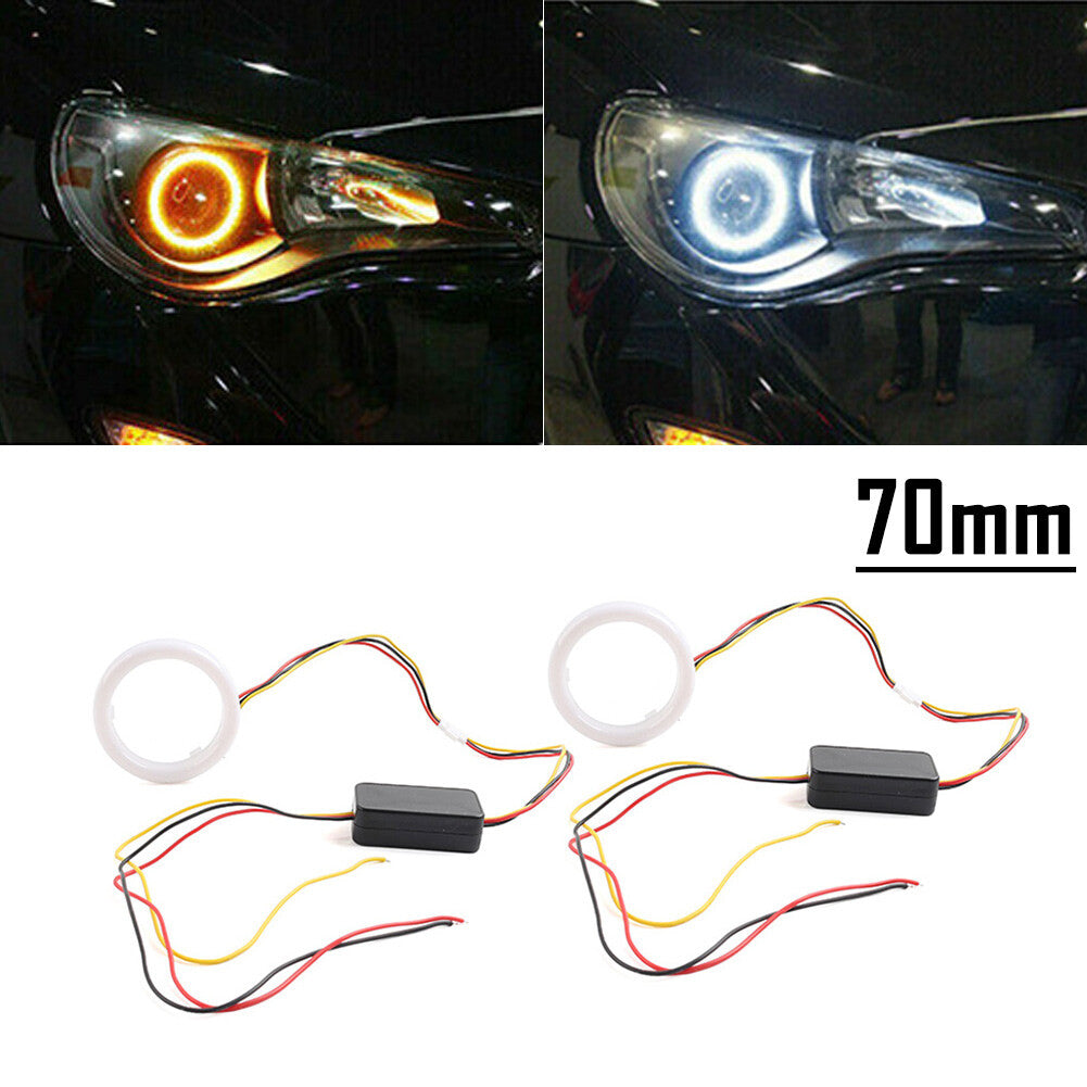 2x 70MM White Amber Switchback LED Angel Eyes Halo Rings Car Headlight Retrofit