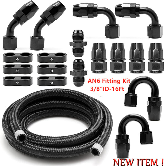 6AN 3/8 inch ID Hose Nylon Braided Stainless Steel Fuel Line Fitting 16 ft