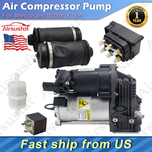 2x Rear Air Spring Bags+Air Pump+Air Filter+Valve Block for Mercedes W164 X164