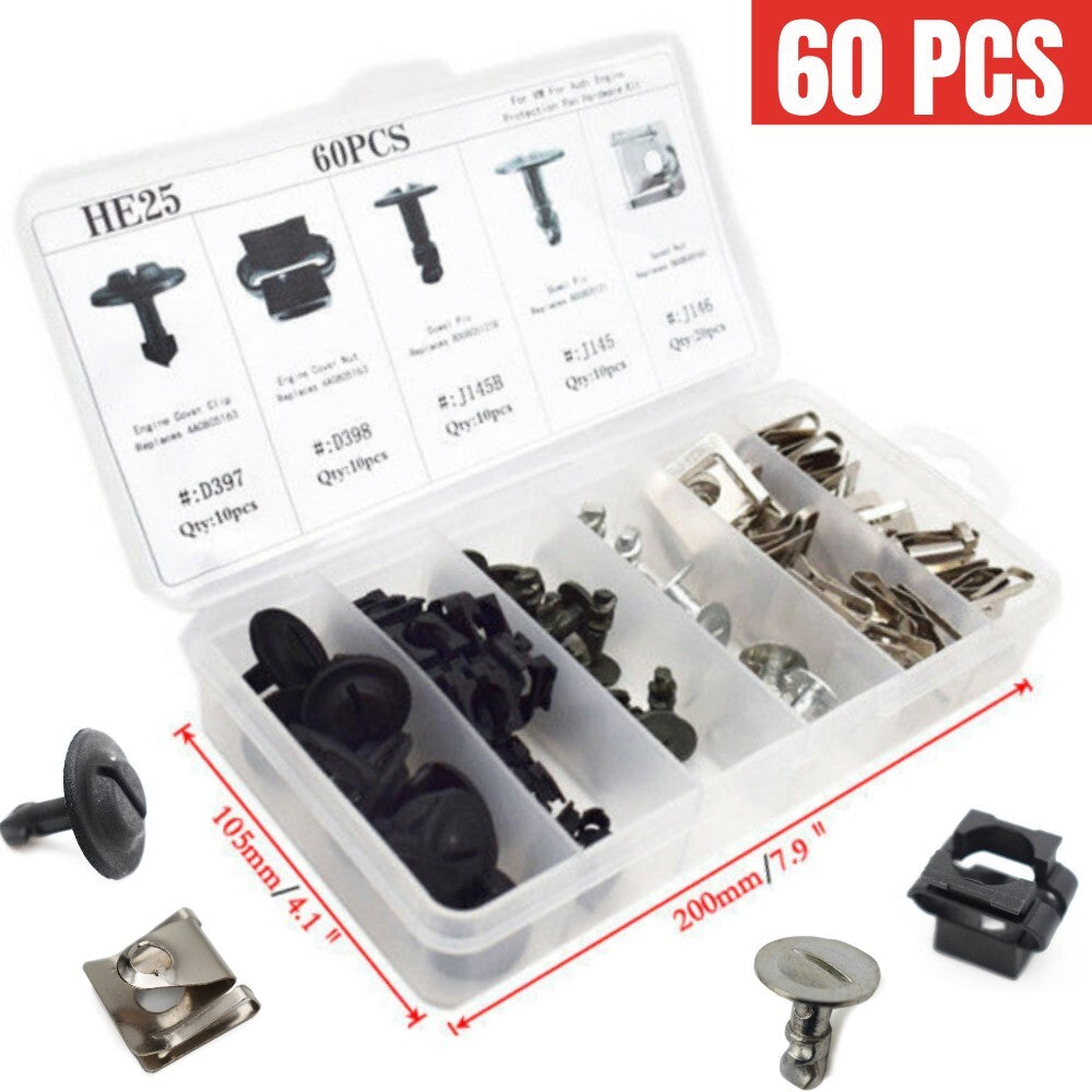 60-piece US Automotive Engine Protector Disc Hardware Kit with Pin Clamps, Nuts, and Decorative Parts