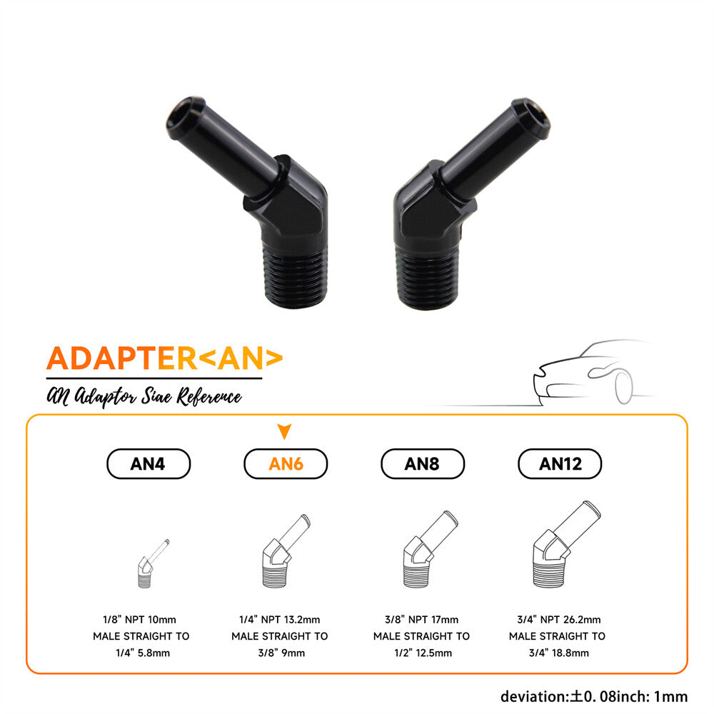 2PCS Aluminum AN6 1/4 NPT Male to 3/8 Hose Barb 45 Degree Adapter Fitting Black