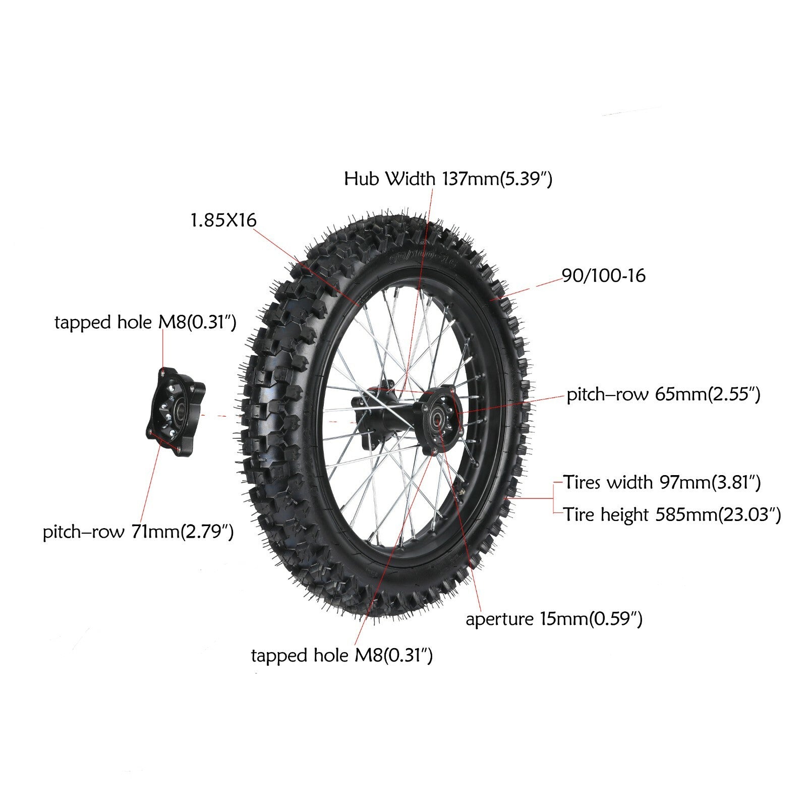 Front 70/100-19 + Rear 90/100-16 rim assembly for Dirt Pit bicycle XR100 TTR