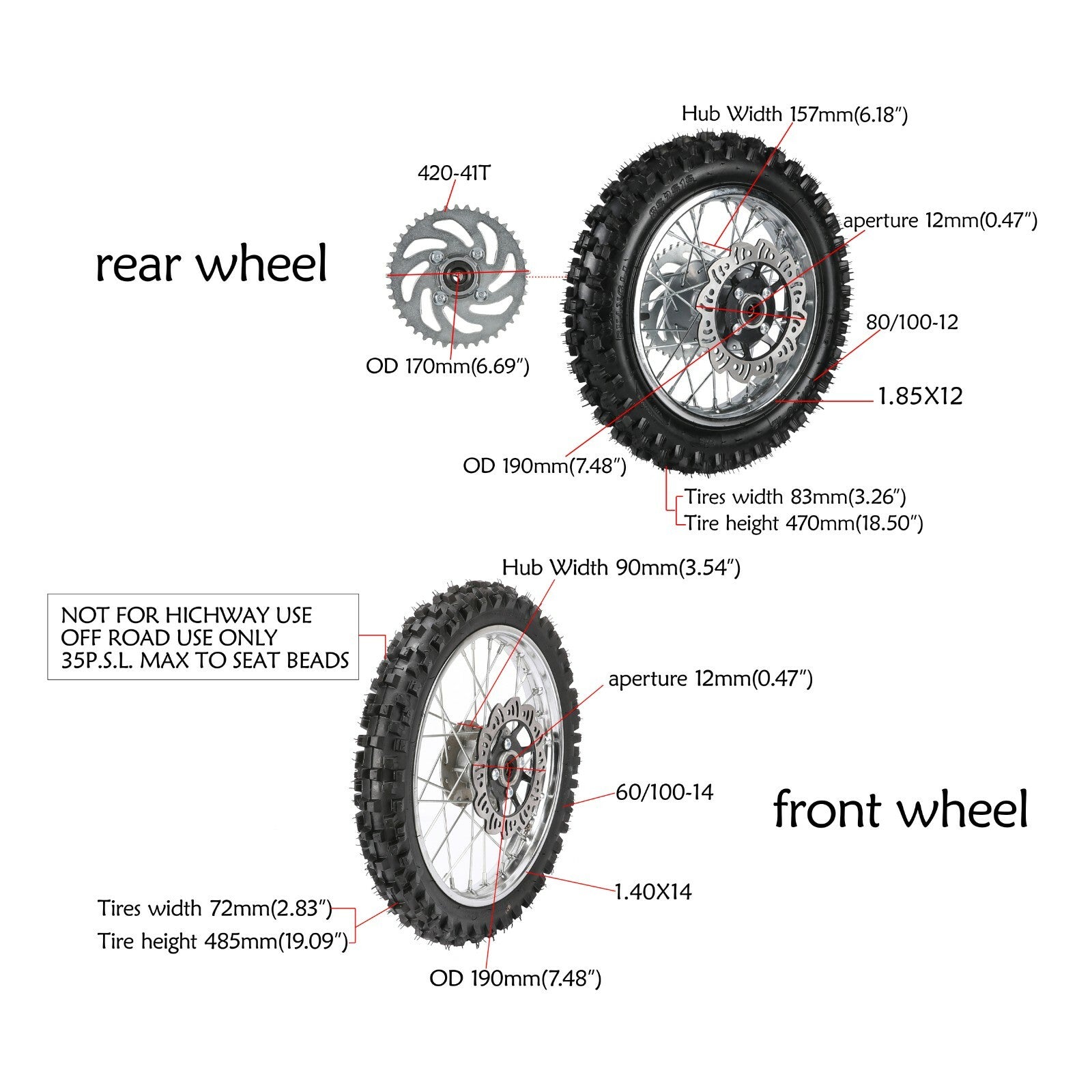 14-inch and 12-inch front and rear tire and rim assembly for SSR Apollo 125cc Dirt Pit bicycle