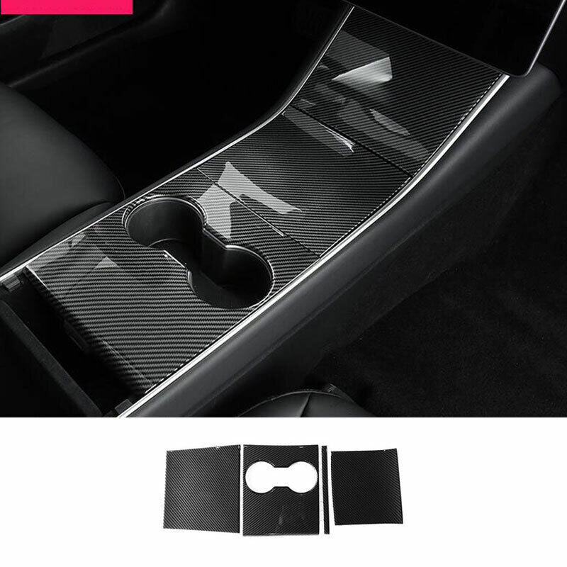 Carbon Fiber Center Console Water Cup Panel trim 4pc for Tesla Model 3 2017-2023