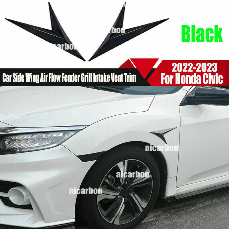 Black Side Wing Air Flow Fender Grill Intake Vent Decor Trim for Civic 2022-2023