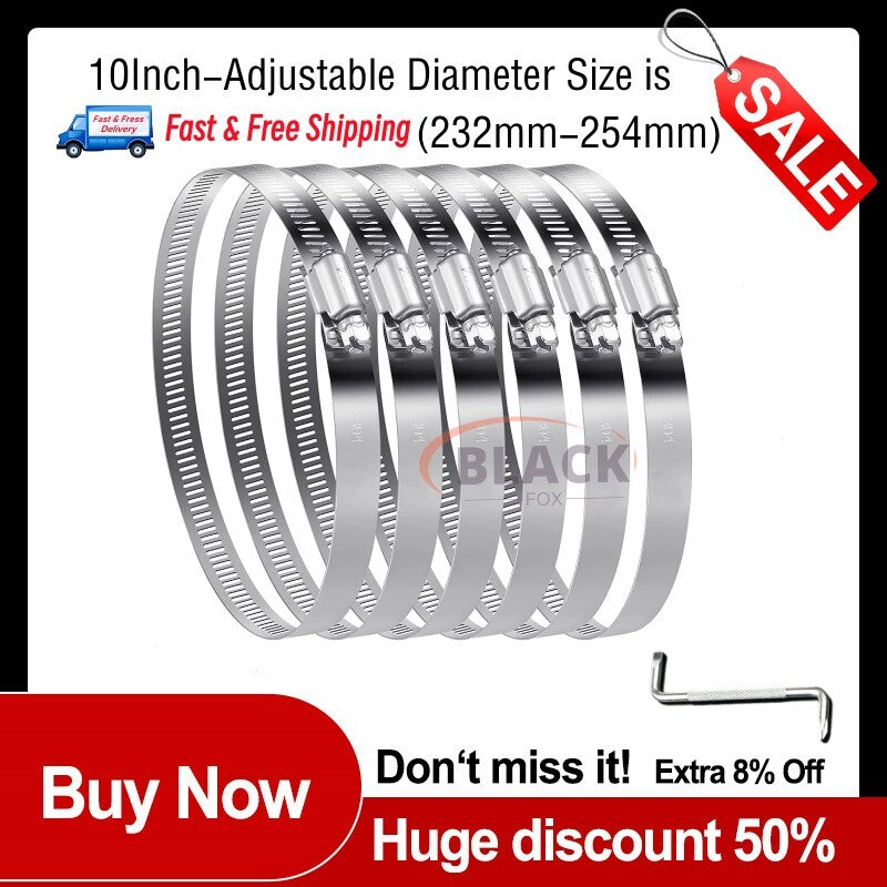 6-Piece Stainless Steel Hose Clamps, 10-inch Worm Gear Hose Clamps, Pipe Clamps, Jubilee Clamps