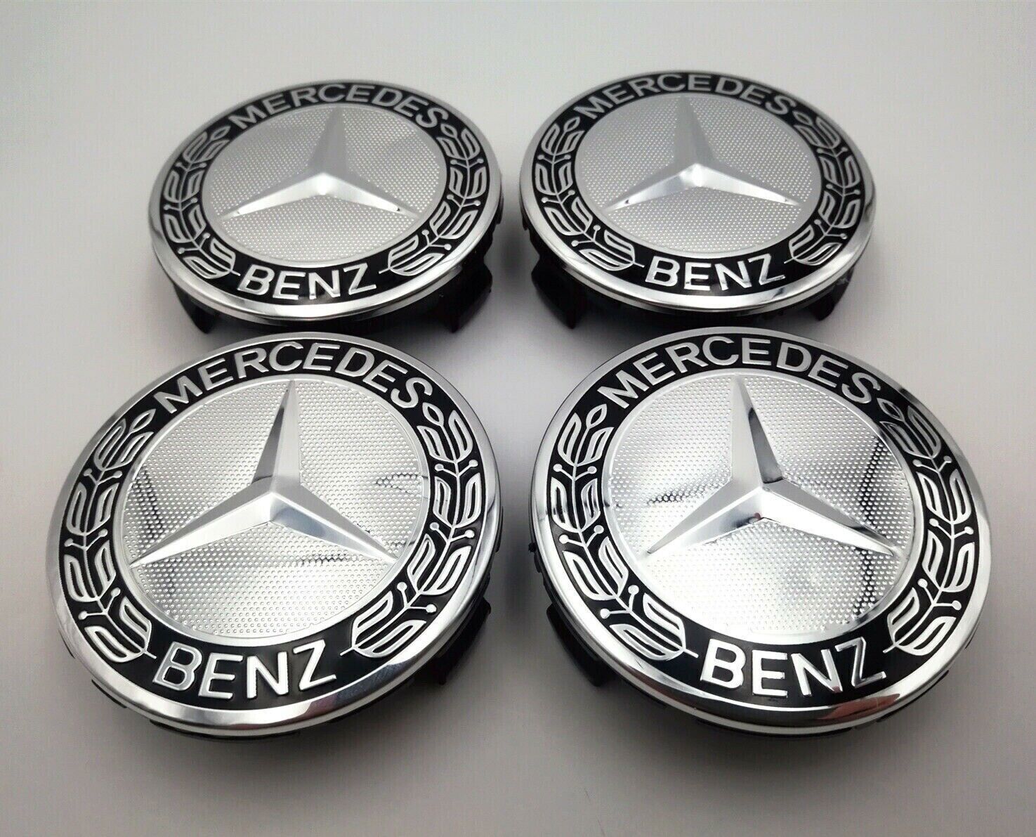 4 sets of 75mm wheel center caps and hubcaps for Mercedes-Benz AMG black rims.