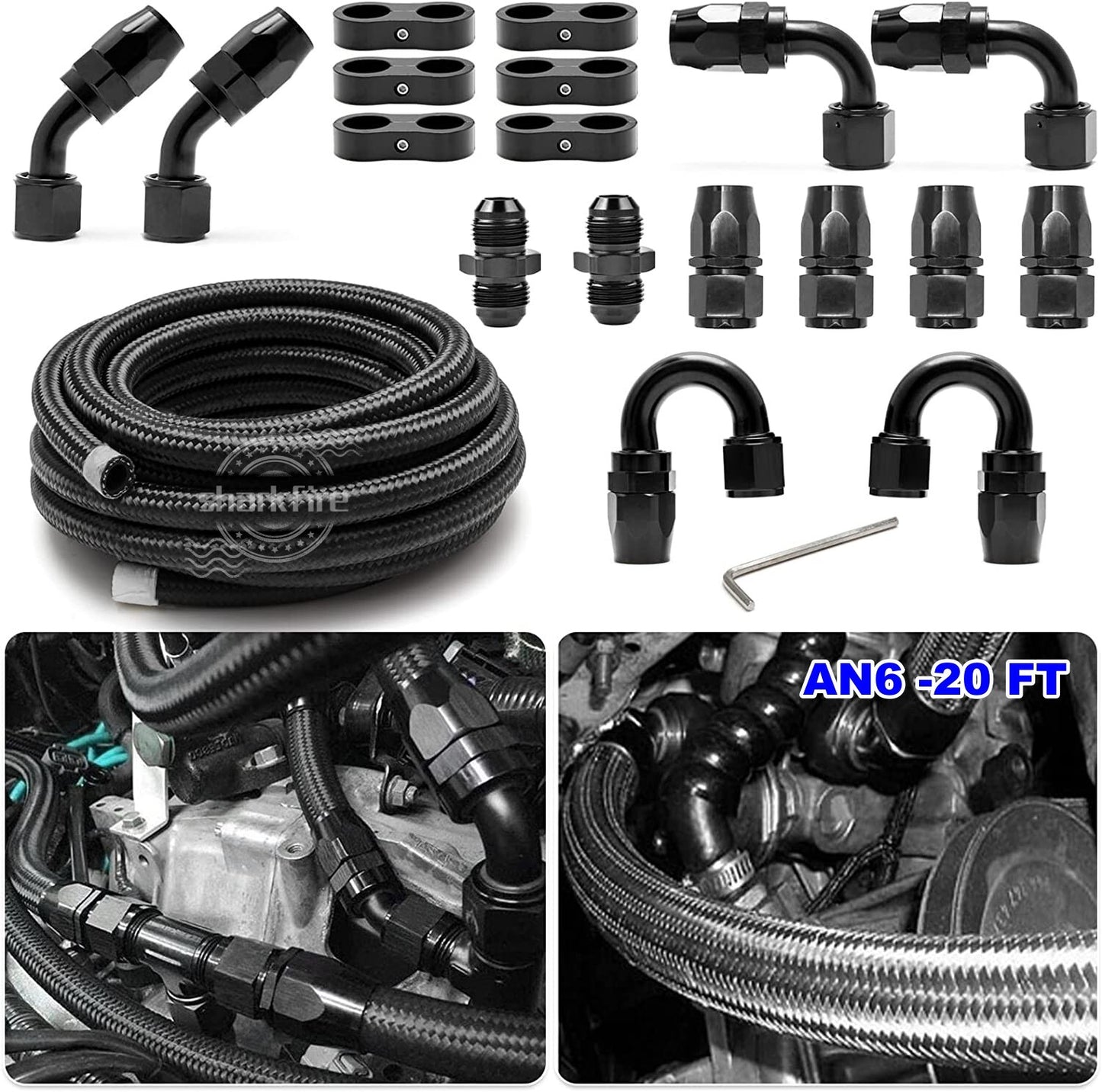 Stainless steel nylon braided oil fuel rotary hose, 20 feet + AN6 hose fitting