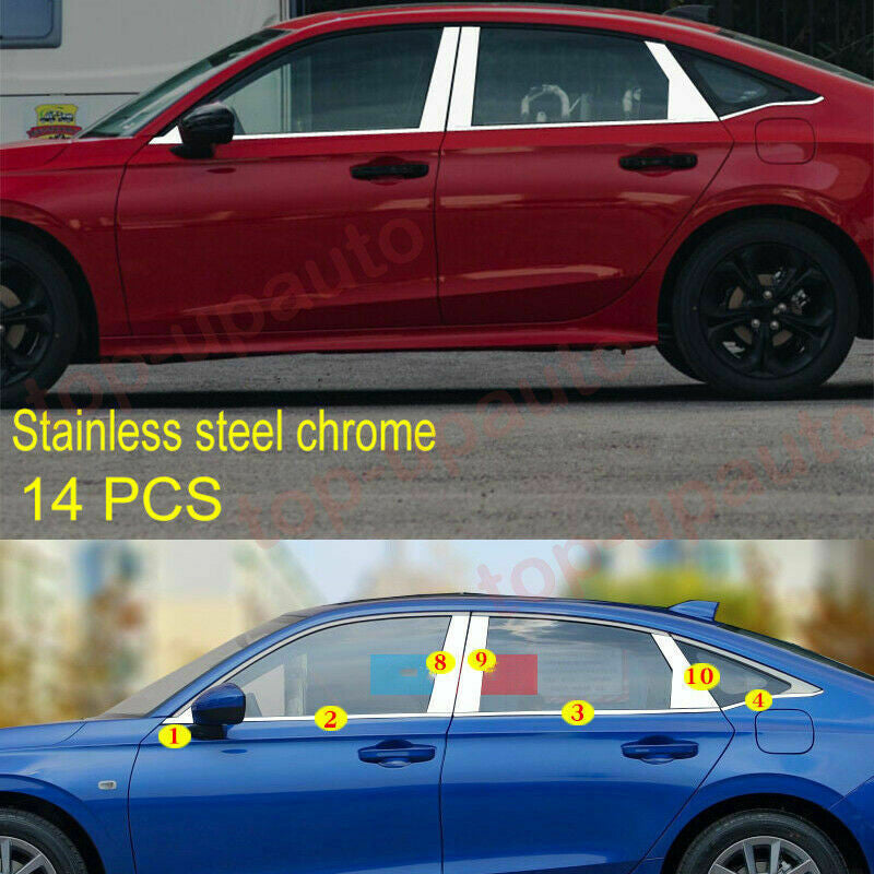 14P for Honda for Civic 2022-2023 Chrome Side Window Strips+Pillar Panel Cover Trims