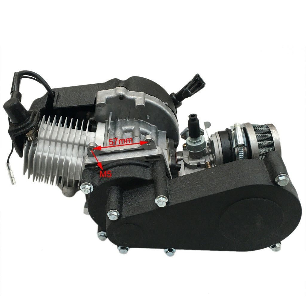 Racing 2-stroke motor, 50cc/49cc engine with gearbox, suitable for mini off-road pocket bikes and all-terrain vehicles.