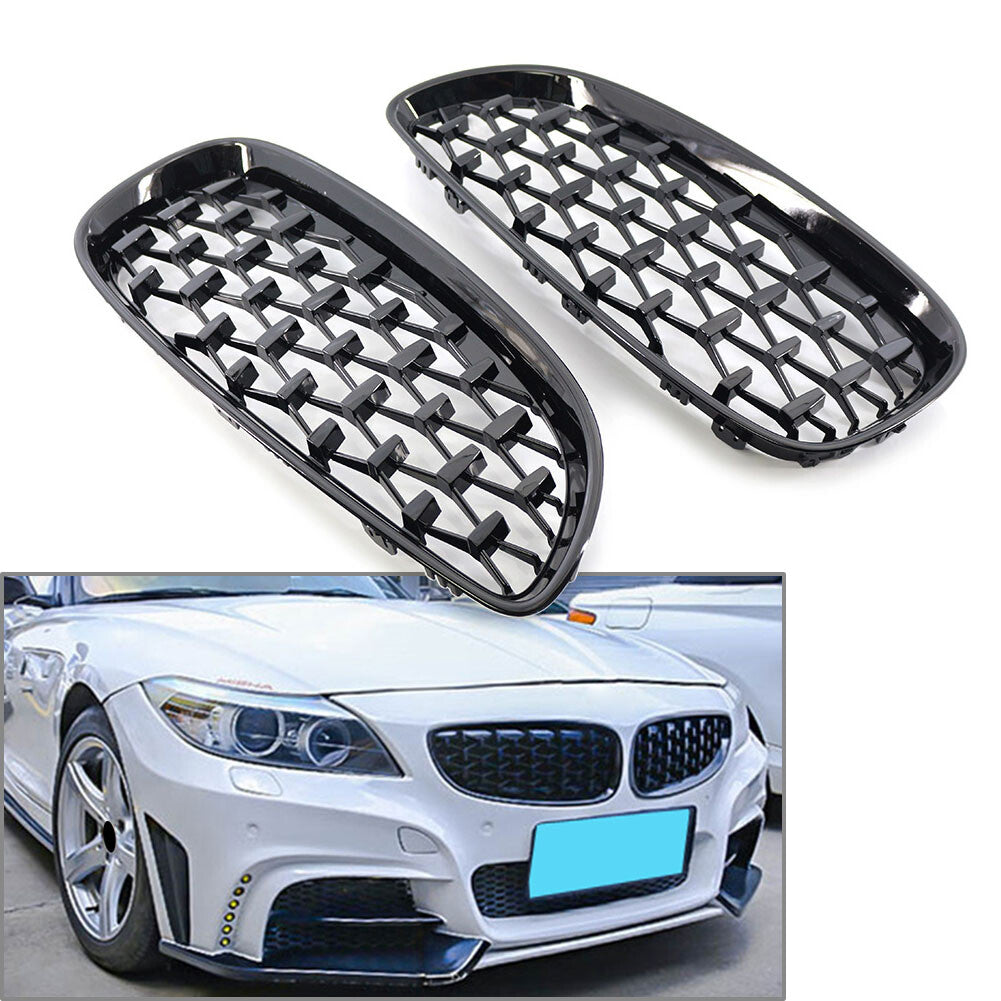 for BMW E89 Z4 2009-2016 2x Gloss Black Front Grille Grill Diamond Meteor Style