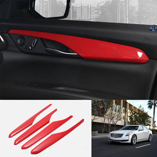 for Cadillac CT6 2016-20 Red Carbon Fiber Inner Door Handle Cover Strip Trim 4P