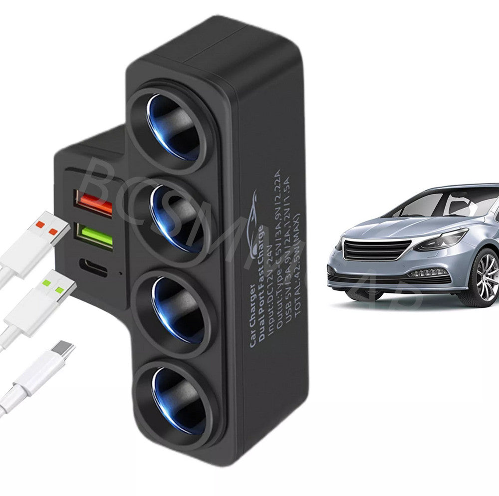 4 Way Charger Adapter Multi Port USB PD Car Cigarette Lighter Socket Splitter