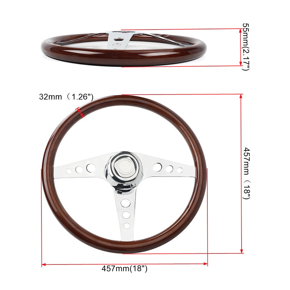18 Wood Steering Wheel Chrome 3 Spoke for Freightliner / for Kenworth / for Peterbilt / for Volvo