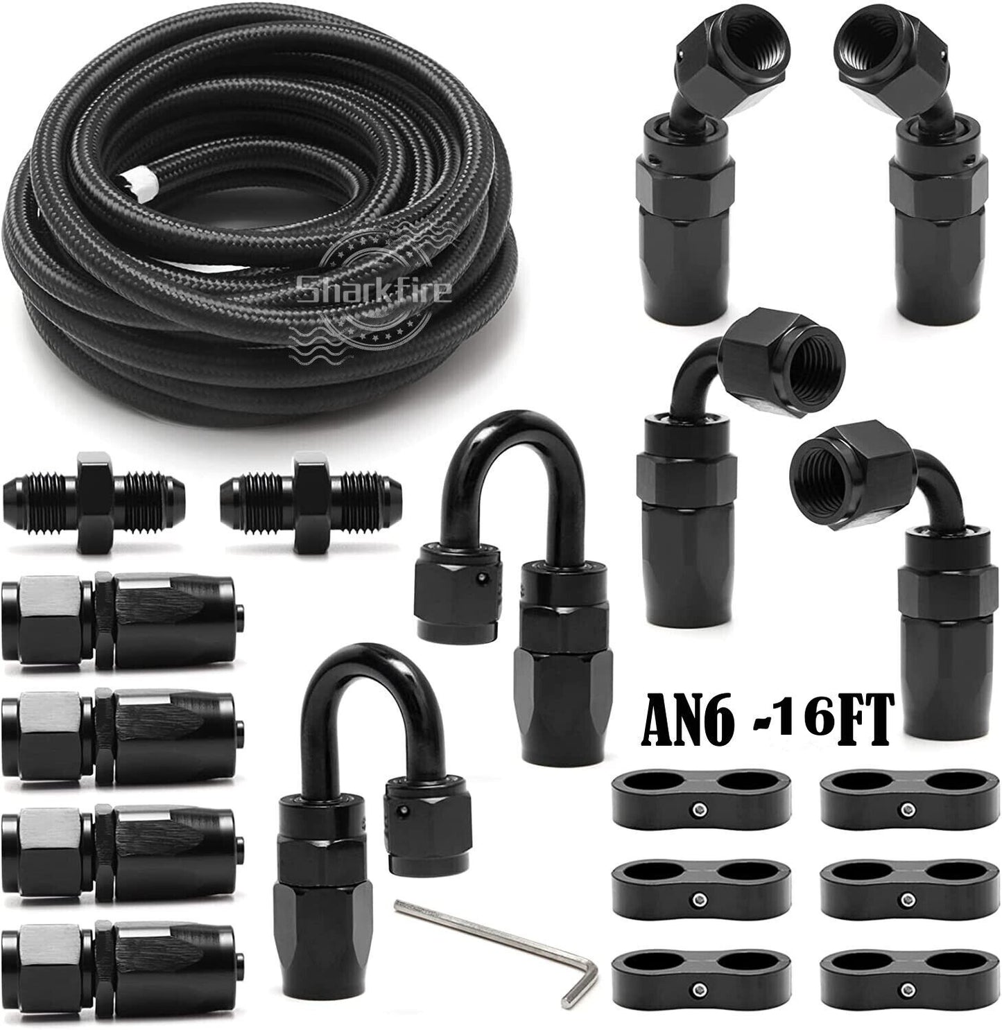 16ft AN6-6AN Black Stainless Steel Braided Oil Fuel Cable + Accessories, Hose, and Adapter