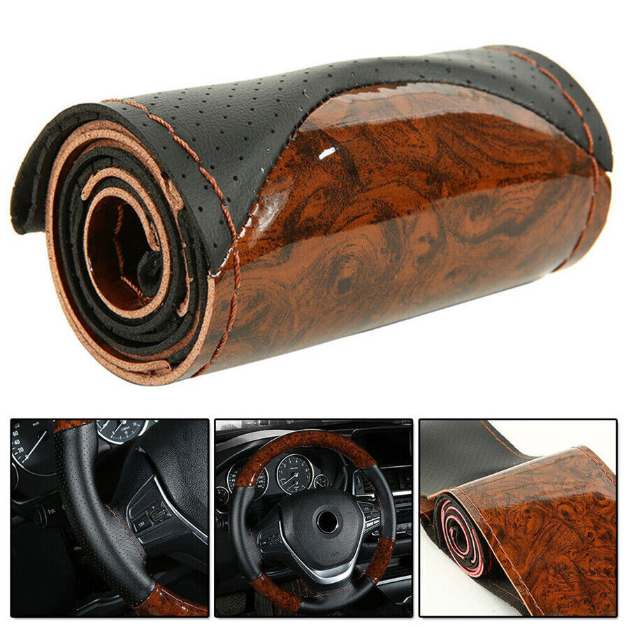Wooden Leather Car Steering Wheel Cover Anti-Slip Booster Protection Case Part 38CM