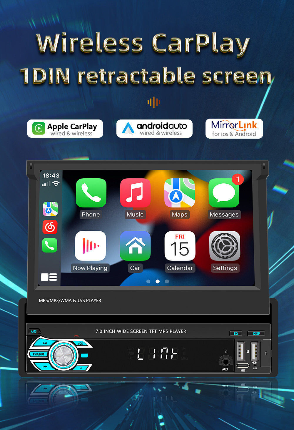 Single Din 7in For Apple Carplay Car Stereo Radio Head Unit AUX W/Free Camera