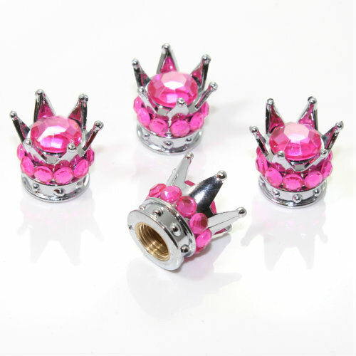4 Chrome Crown Pink Bling Diamond Tire/Wheel Stem Valve Caps car truck hot rod