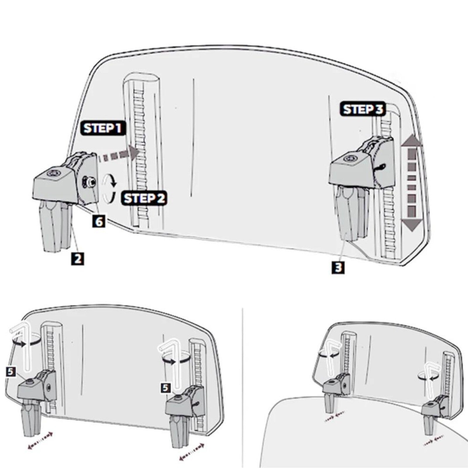 Motorcycle transparent windshield clip kit, windshield deflector, extended boiler