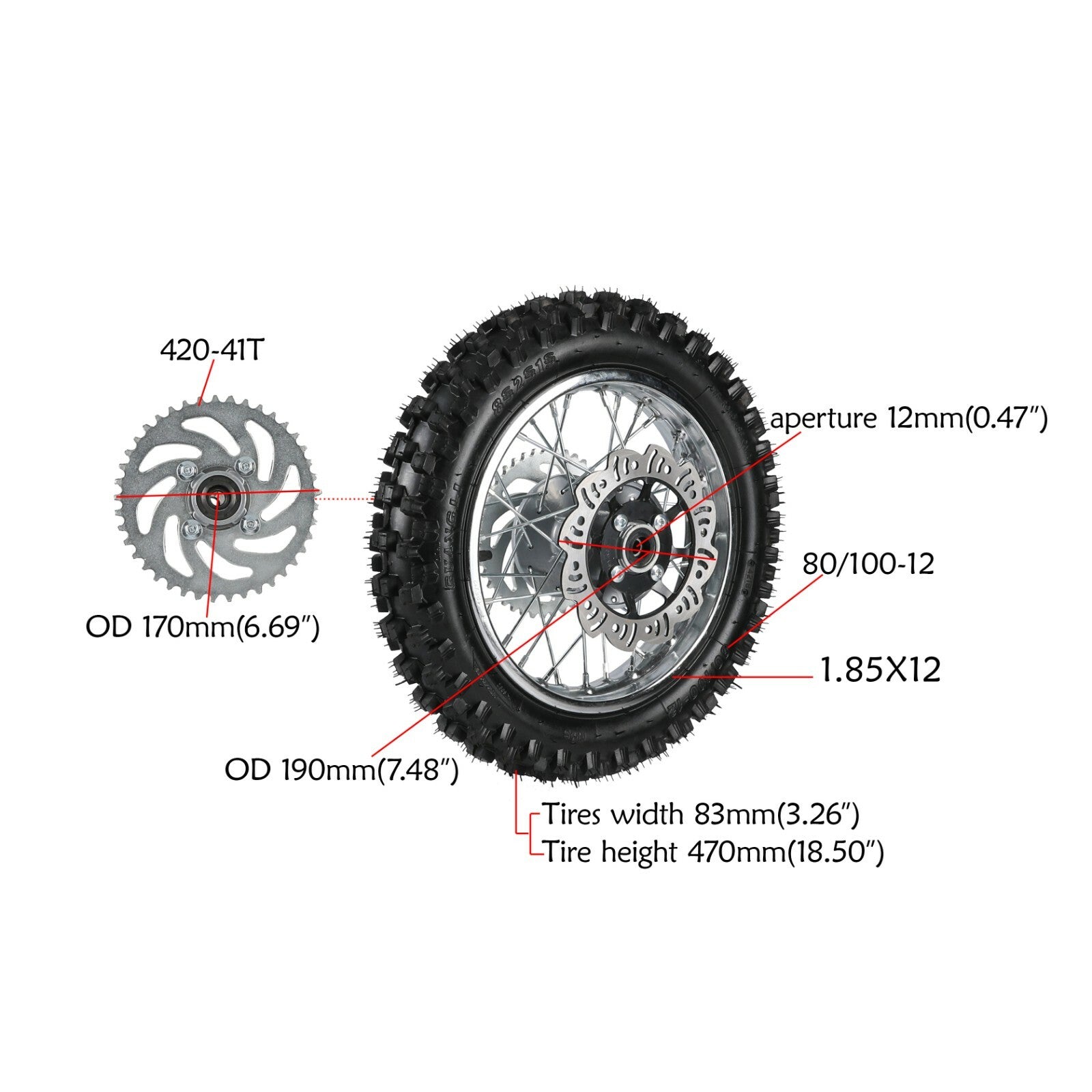 12-inch rear wheel, 80/100-12, 3.00-12 tire and rim, suitable for pit bikes and off-road bikes, 90/110/125/140cc.
