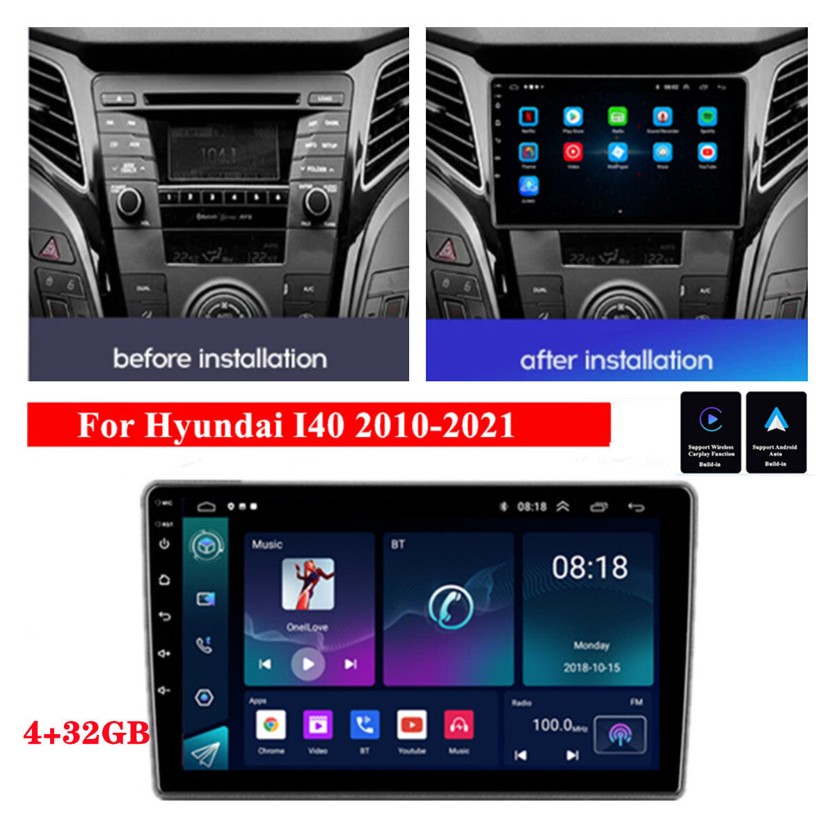 9 Android Radio Stereo GPS Nav Head Unit 4+32GB for Hyundai I40 2010-21 Carplay