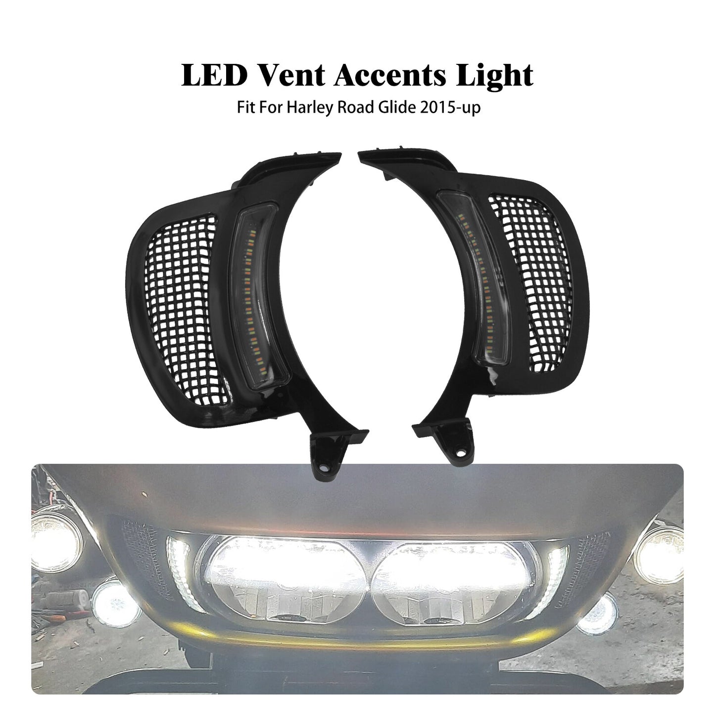 Headlight Vent Accent w/ Black Grille LED Light Fit for Harley Road Glide 15-23