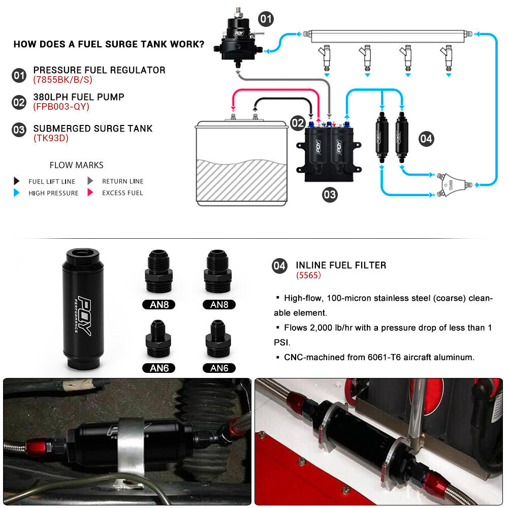Racing Inline Aluminum Oil Fuel Filter AN6 AN8 Fitting With 100 Micron Filter