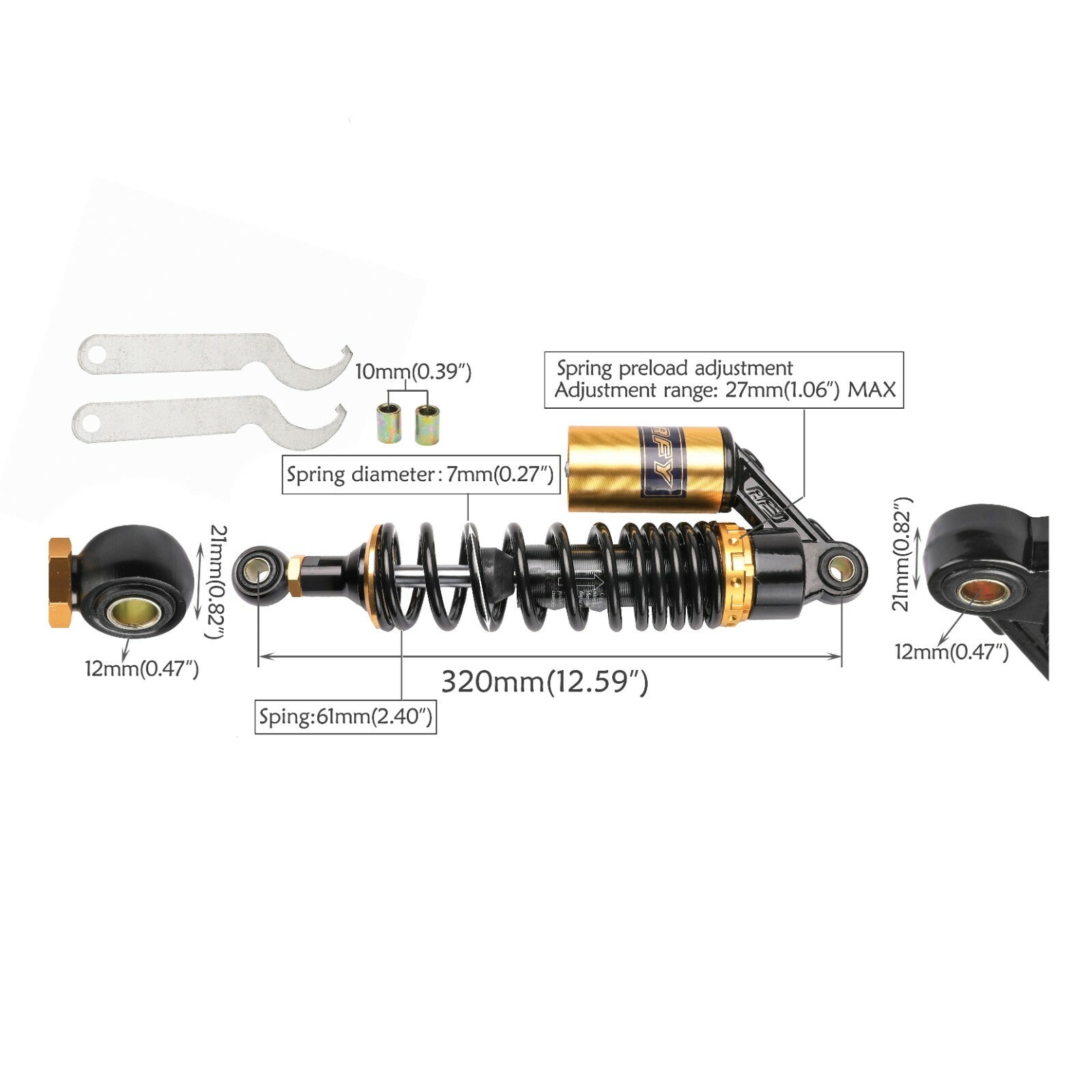 12.5-inch 320mm rear air shock absorber suitable for all-terrain vehicles Quad CB250, for Honda CT70, DT100, CX500