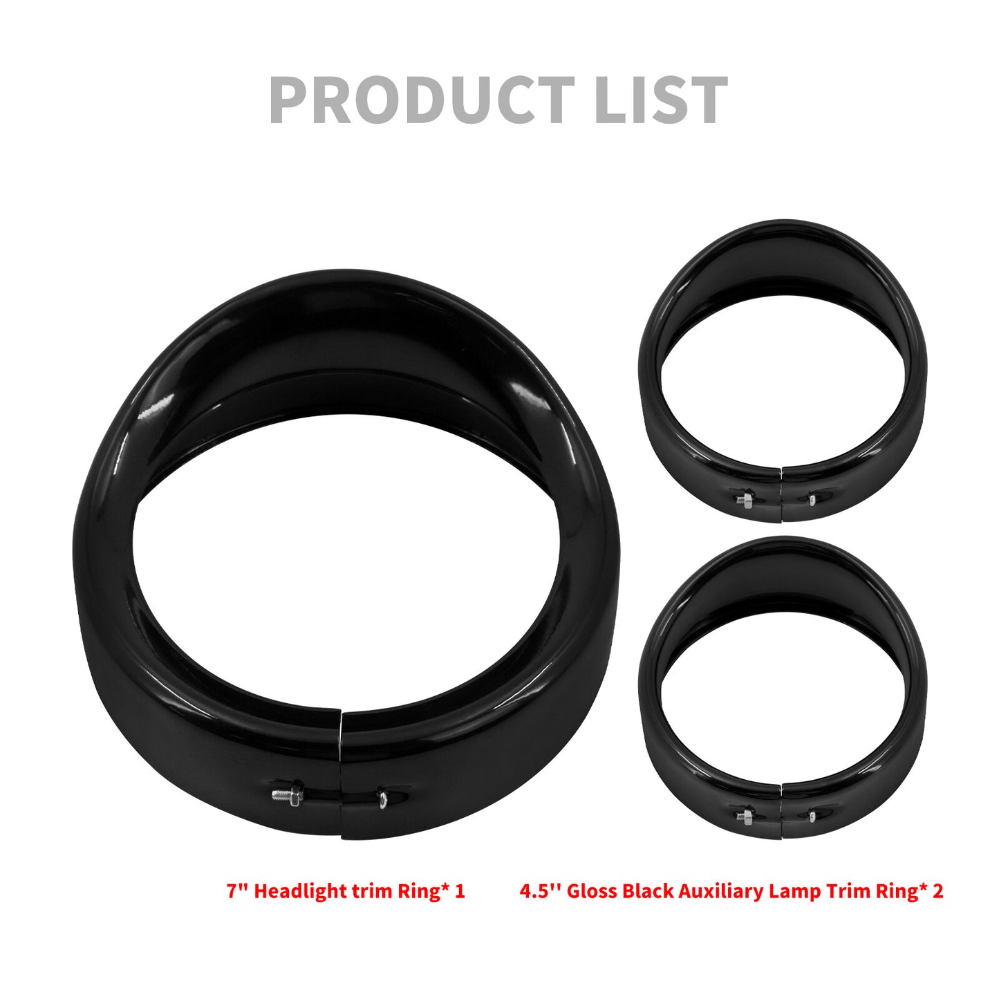 Gloss Black 7Headlight+4.5Auxiliary light Visor Trim Ring for Harley Road King