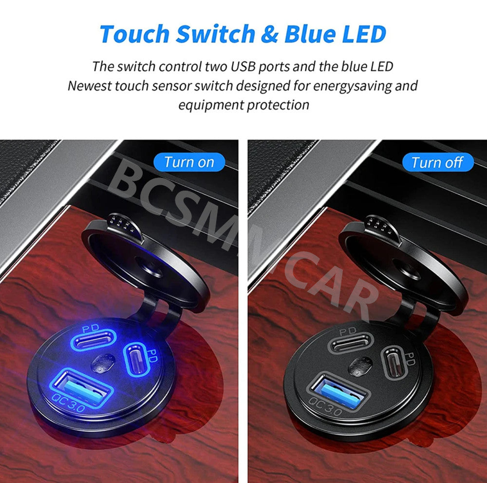 Dual PD USB Charger Socket Power Outlet Adapter for Car Boat Motorcycle 12-24V