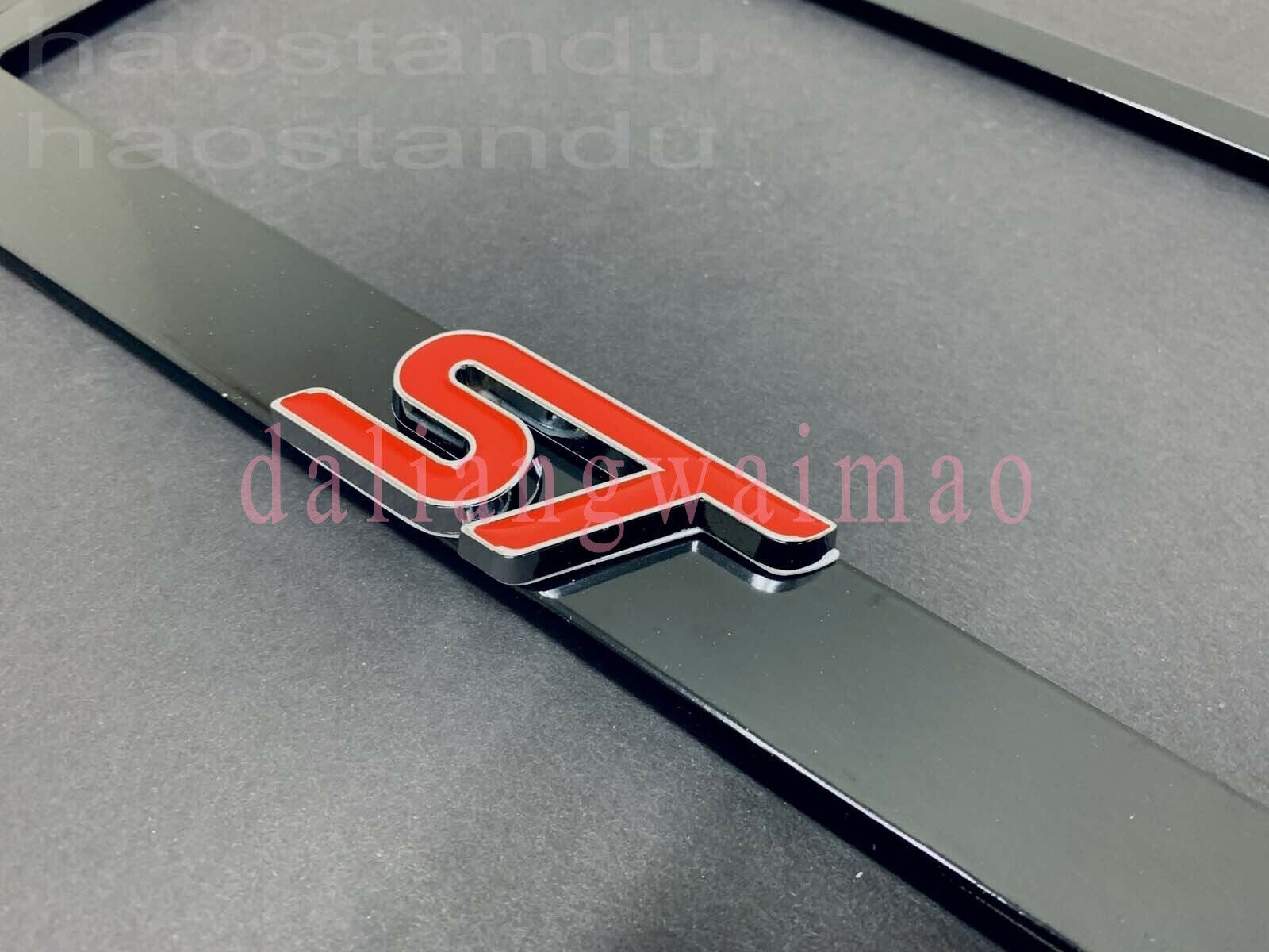 1x Red ST 3D Emblem BLACK Stainless License Plate Frame RUST + Screw Caps