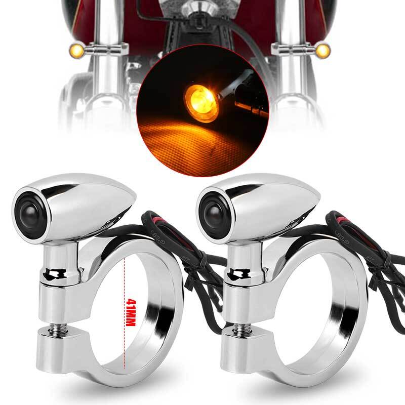 2x Chrome Motorcycle LED Turn Signal Light 41mm Front Fork Indicator Amber Lamp
