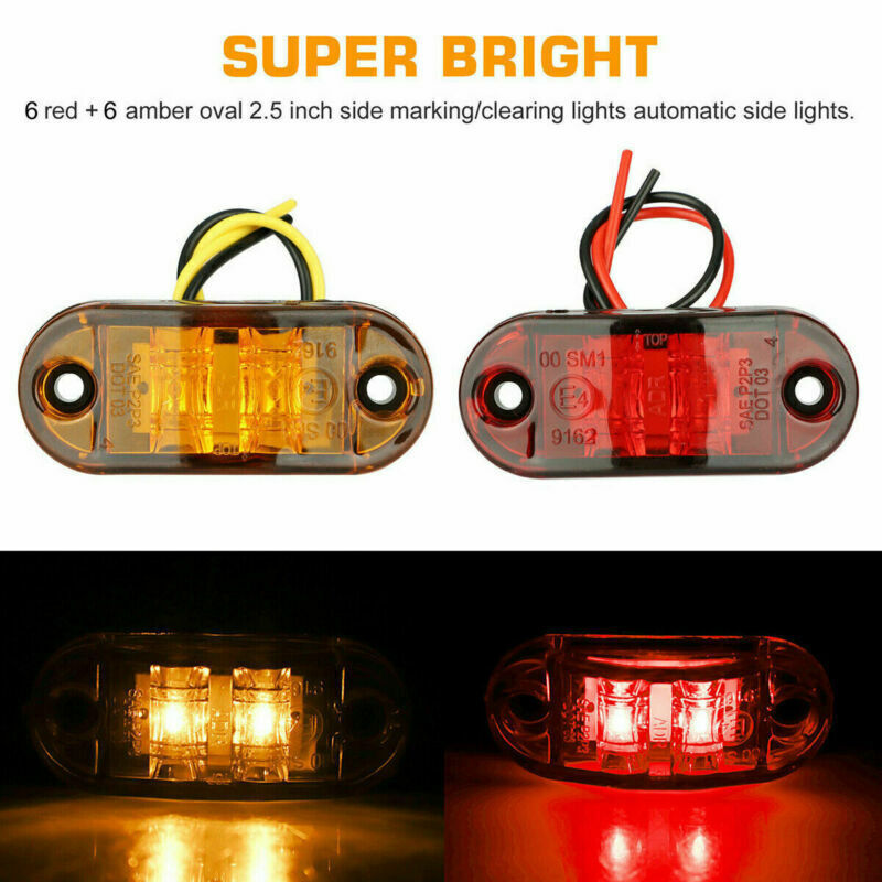 12PCS Marker Lights 2.5 LED Truck Trailer Oval Clearance Side Light Amber Red