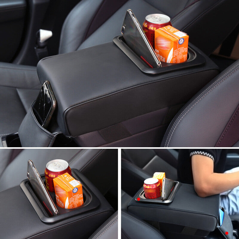 Car armrest console cover lift bracket and rear for seat cup holder, black, 1 piece