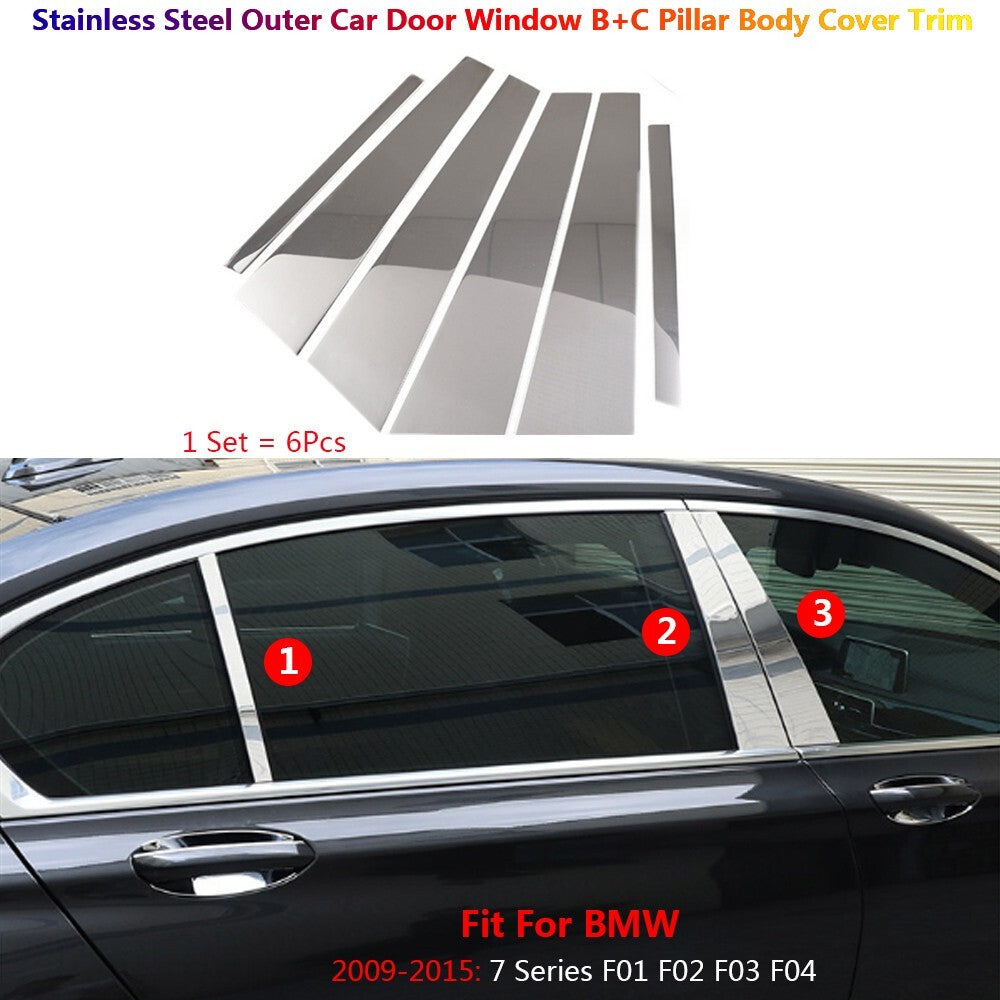 6 x Stainless for BMW 7 F01 F02 2009-2015 Car Window B C Pillar Post Panel Cover