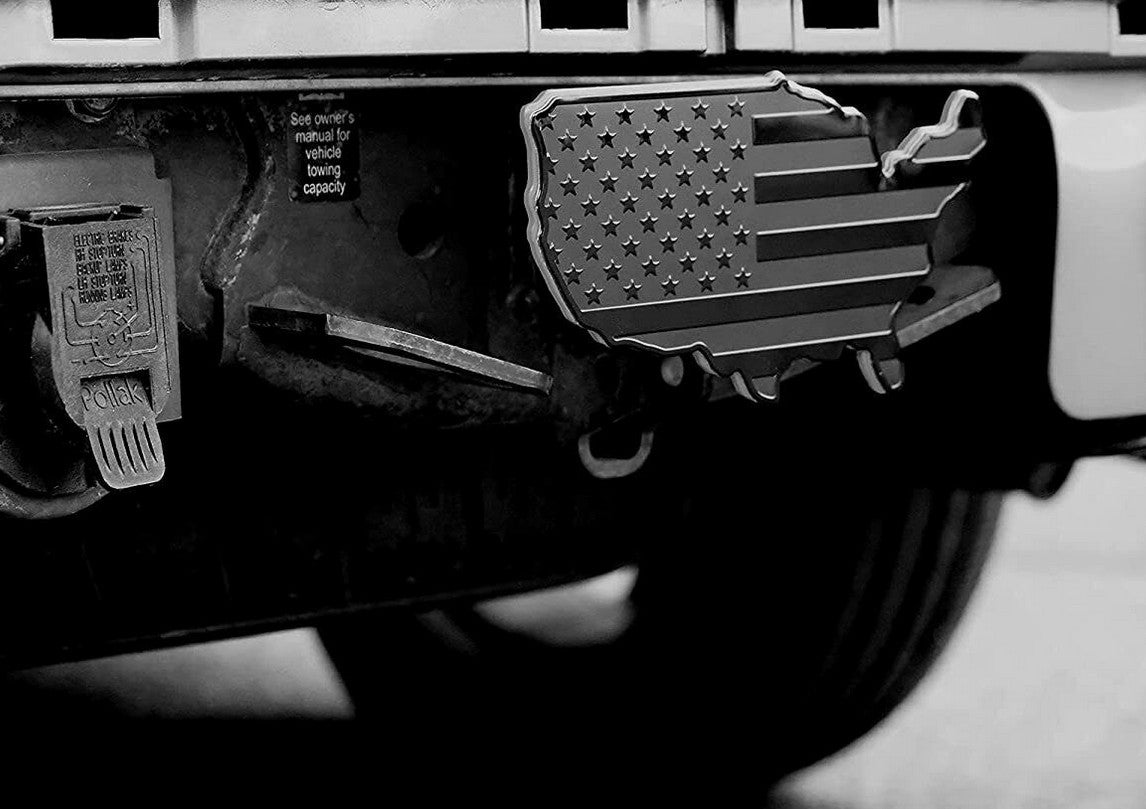 Car mount plug cap trailer tow receiver 3-inch American flag map black for Cadillac