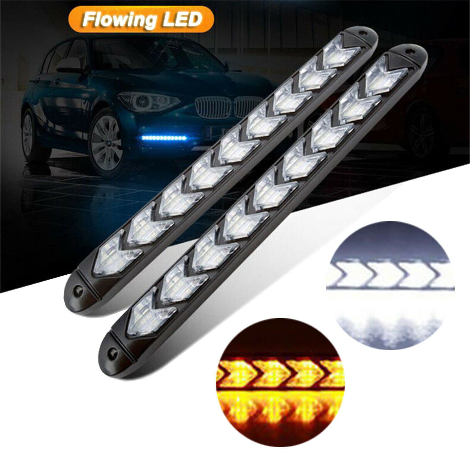 2-piece car 6-LED amber/white flowing strip arrow flashing lights DRL turn signal lights 12V