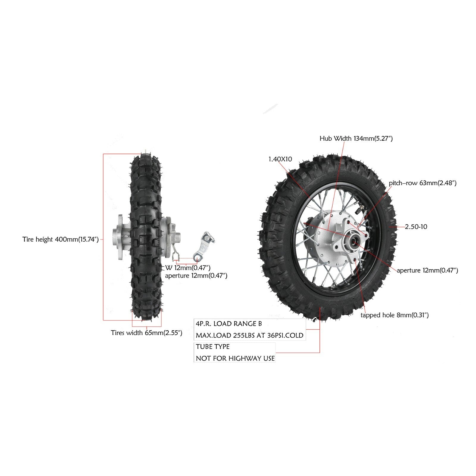 10-inch rear wheel and tire assembly for 50cc, 70cc, and 110cc off-road bikes: CRF DRZ70, PW50, TTR50