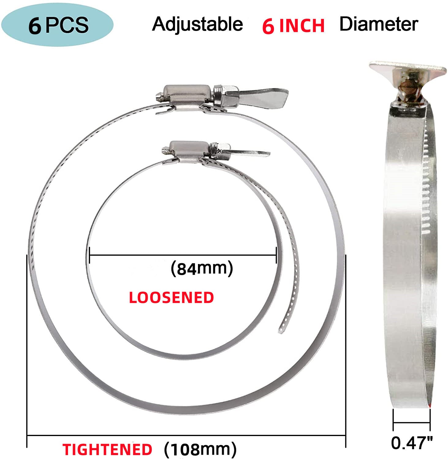 5-inch 84-108mm hose clamp, 304 stainless steel adjustable hose clamp with thumb screw.