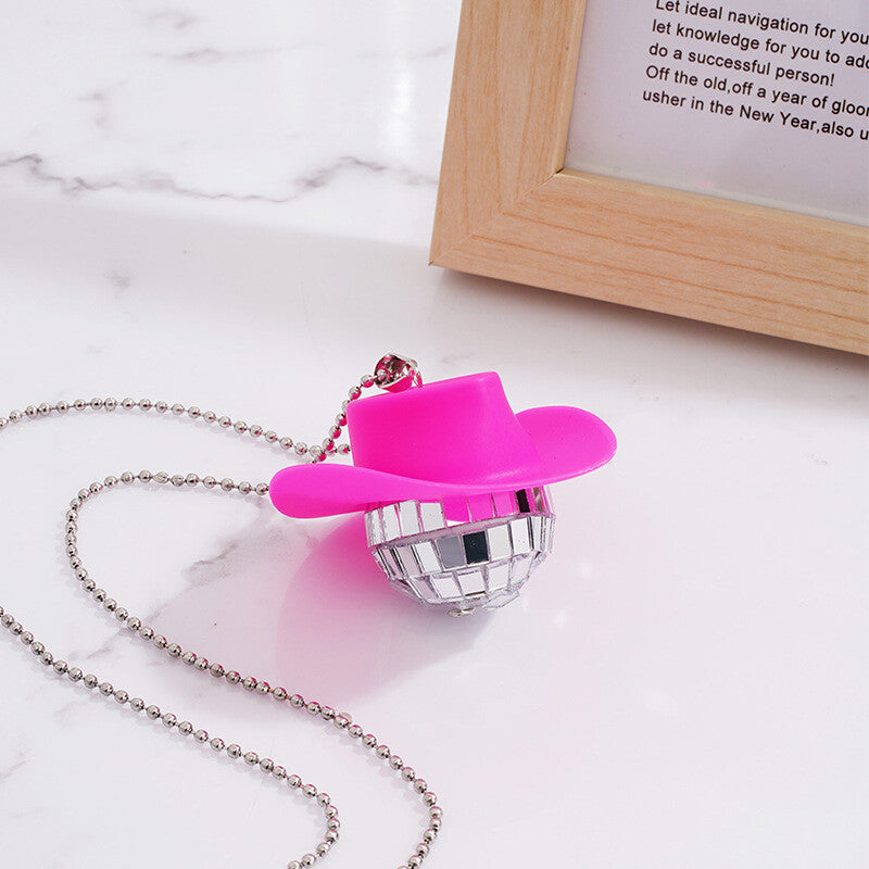 Cowboy Hat Disco Ball Car Ornamen Shiny Rear View Mirror Hanging Acessory Pink