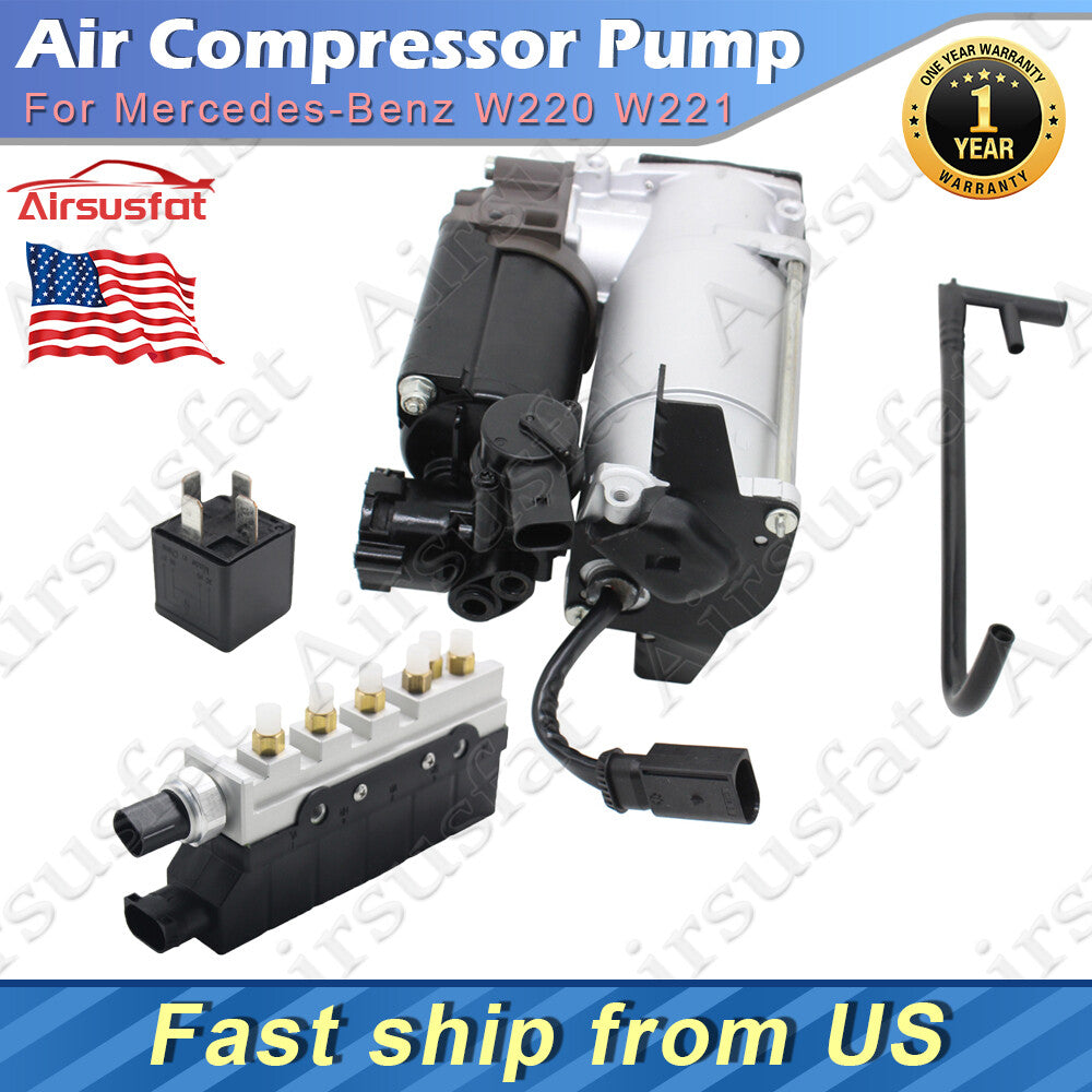 for Mercedes W220 W211 Air Compressor Pump w/Relay+Air Pipe+Solenoid Valve Block